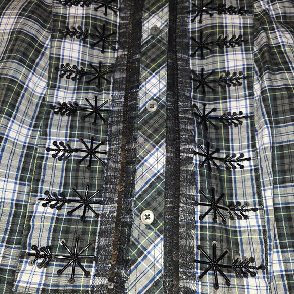 J Crew Womens XS Plaid Button Up Shirt Sequins Green Blue Round Hem Lace Casual - Picture 3 of 11